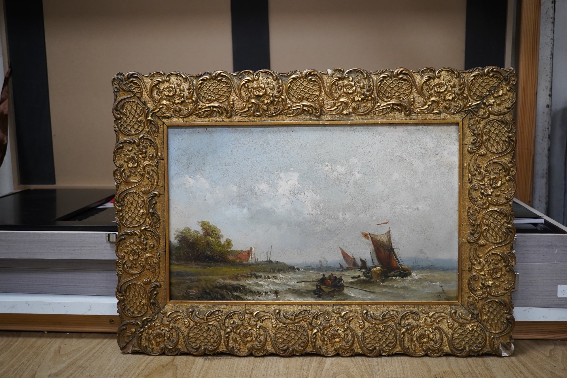 English School, c.1900, oil on board, Fishing boats off the coast, unsigned, 28 x 45cm, ornate gilt framed. Condition - poor to fair